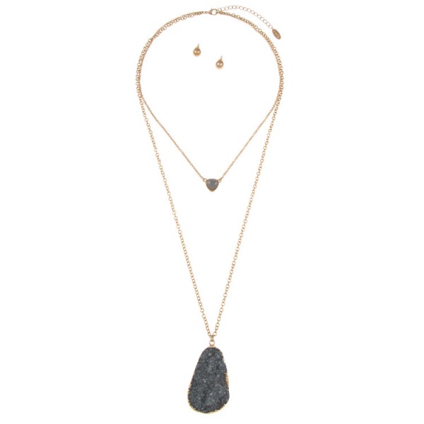 Coeur Grey Double Layered Heart & Druzy Pendant Necklace